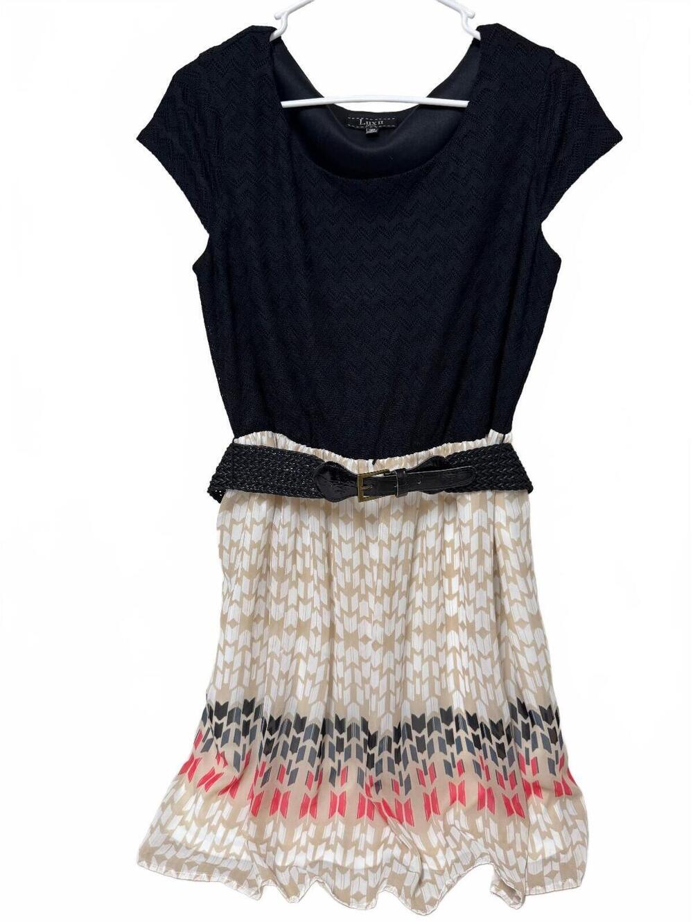 Lux II Petite Chevron Geometric Belted Dress Black Beige Size 12P